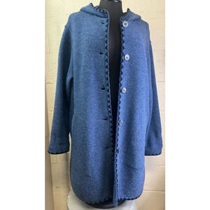 Geiger Hooded Blue Black Design Trim Boiled Wool Women 46 Pea Coat Winter Jacket